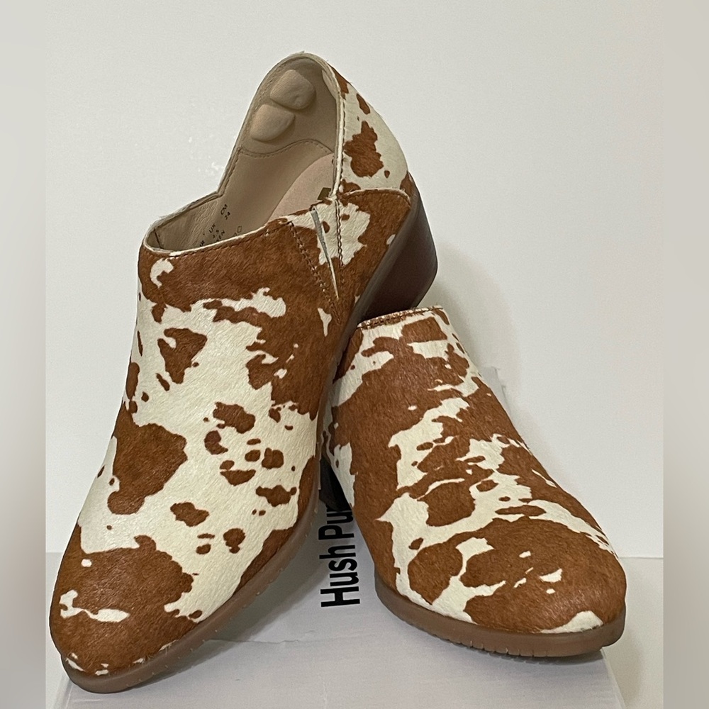 Hush Puppies Sienna Bootie/Shootie Brown Cow White Print Fur/leather Comfy 6.5 - Picture 3 of 14